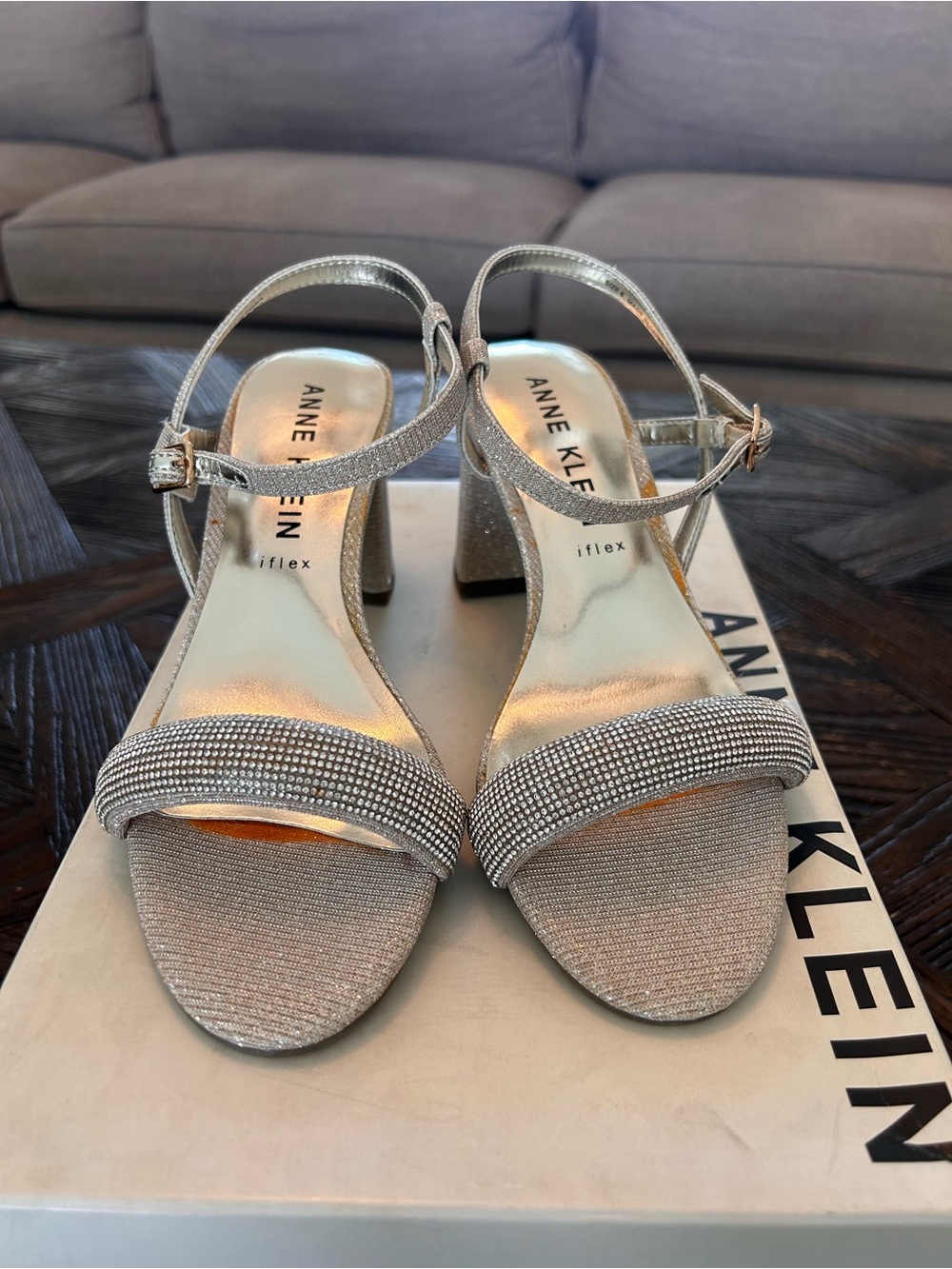 Anne Klein iflex Adakine Light Gold Open-Toe Block Heels, Women’s 6